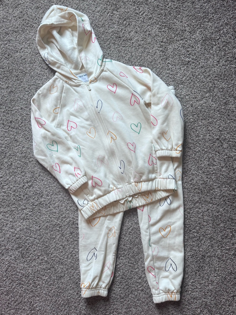 Old Navy Cream Hooded Jacket & Joggers with Multicolor Heart Print